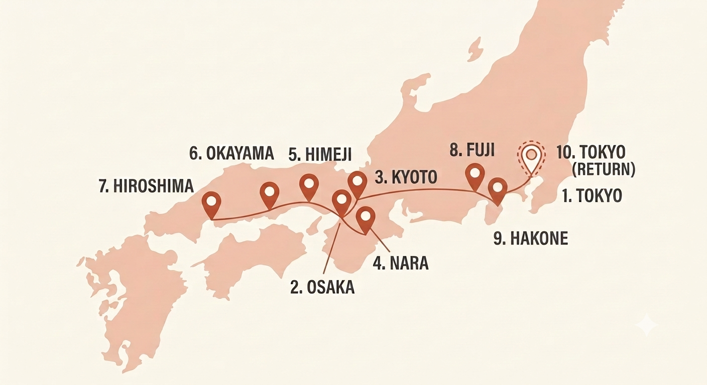 Map of Japan showing the route from Tokyo west to Hiroshima and back